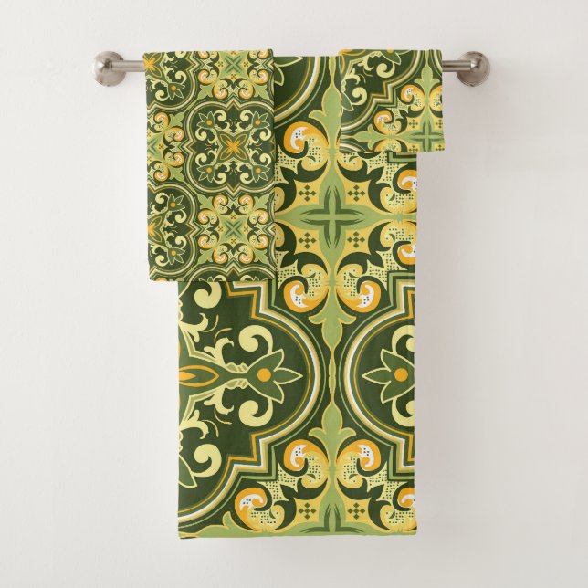 💚💛 olive and yellow Azulejos Bath Towel Set (Insitu)