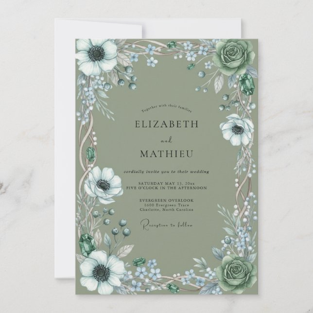 Olive Anemone Watercolor Wedding Invitation (Front)