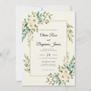 Olive Antique Cream Leaf Wedding Invitation