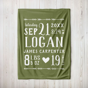 Olive Baby Boy Birth Stats   Editable Colours Fleece Blanket
