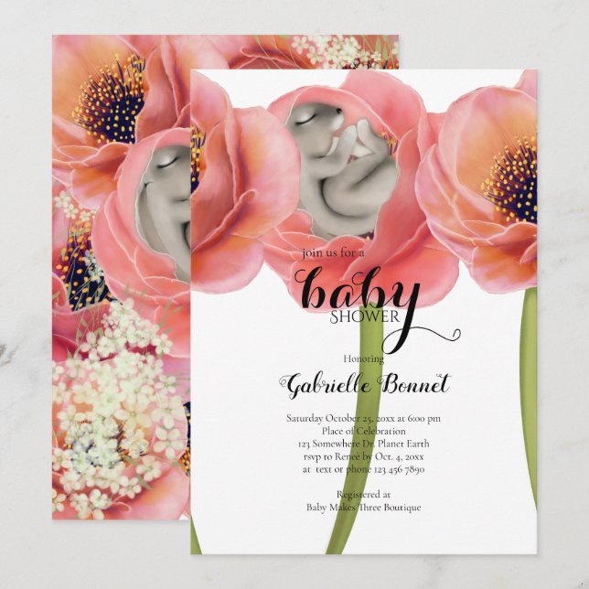 Olive Baby Bunny Sleeping | White Invitation (Front/Back)