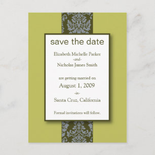 Olive Baroque Damask Save the Date Postcard