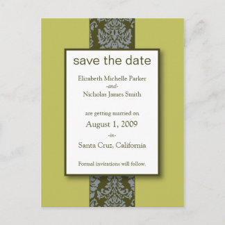 Olive Baroque Damask Save the Date Postcard