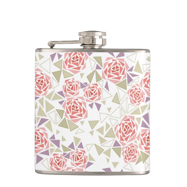 olive beige mosaic floral pattern retro  hip flask (Front)