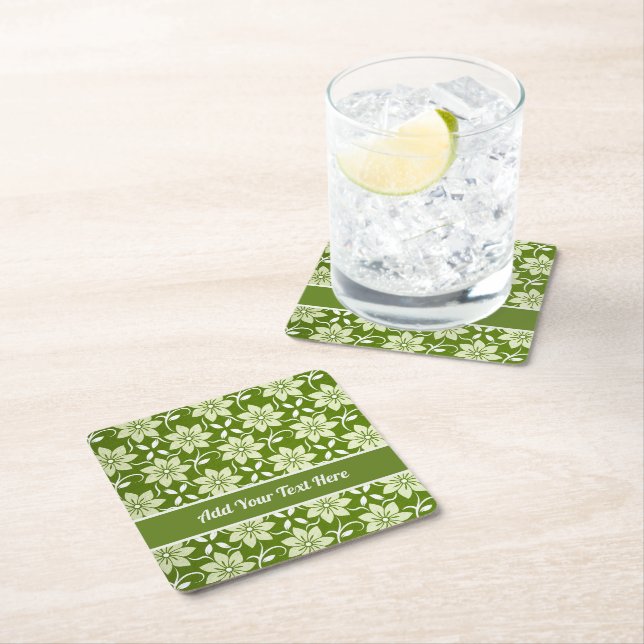 Olive Blossom Repeat Square Paper Coaster (Insitu)