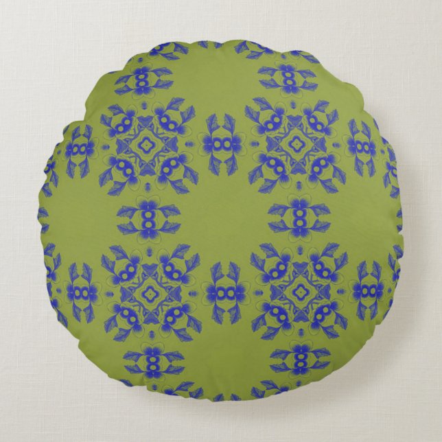 Olive Blue Korean Motif Round Pillow (Front)