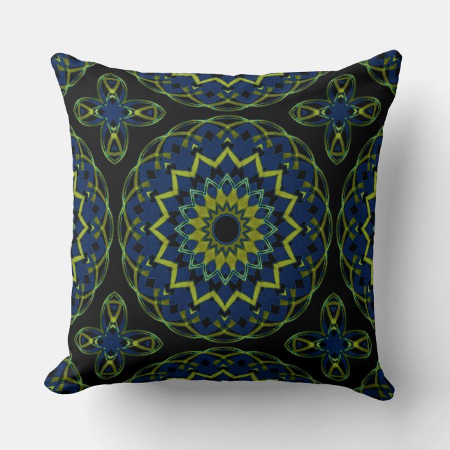 Olive-Blue on Black Kaleidoheart Cushion (Front)