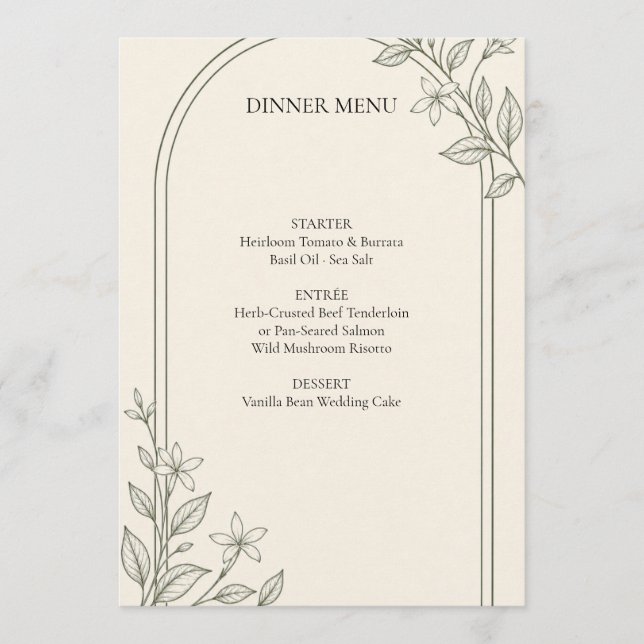 Olive Botanical Arch Wedding Dinner Menu (Front)