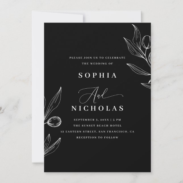 Olive Botanical Black Wedding - Photo & QR Code Invitation (Front)