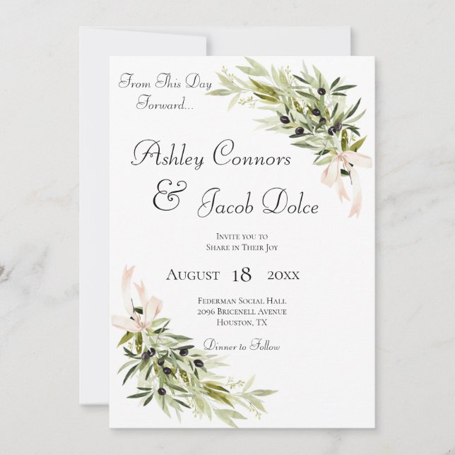 Olive Branch Bouquets Green Wedding Invitation (Front)