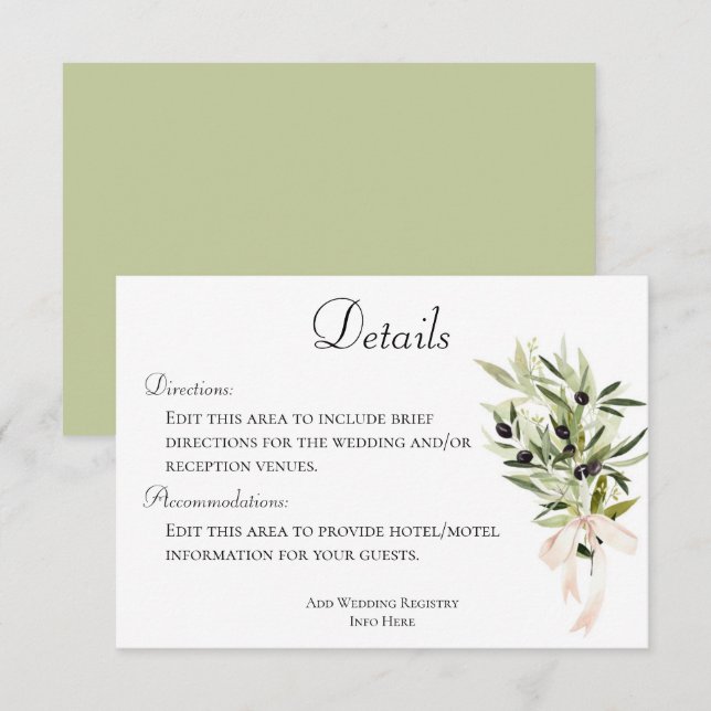 Olive Branch Bouquets Wedding Details  Enclosure Card (Front/Back)