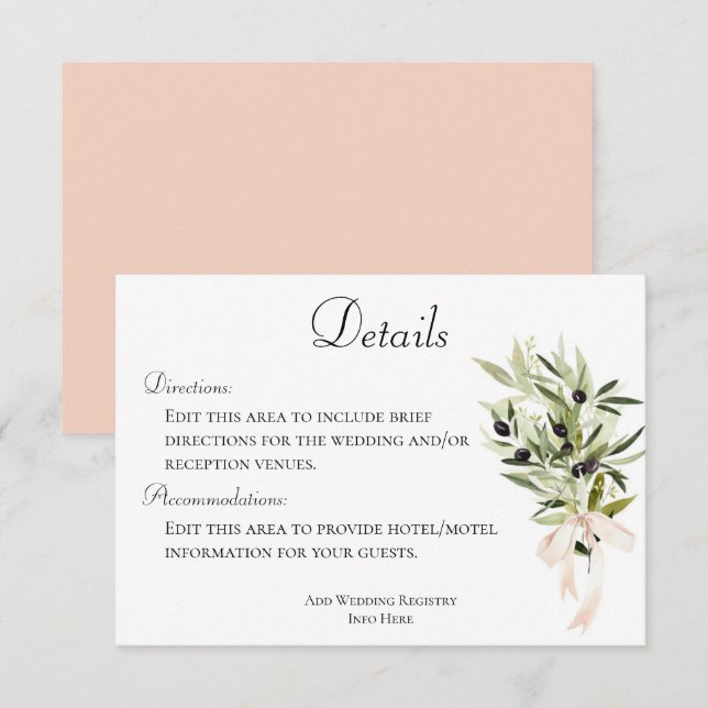 Olive Branch Bouquets Wedding Details Enclosure Card (Front/Back)