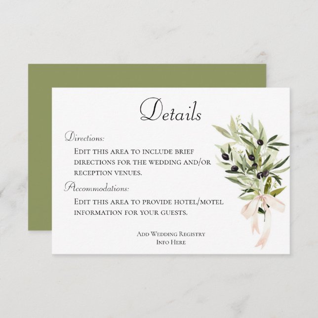 Olive Branch Bouquets Wedding Details Enclosure Card (Front/Back)