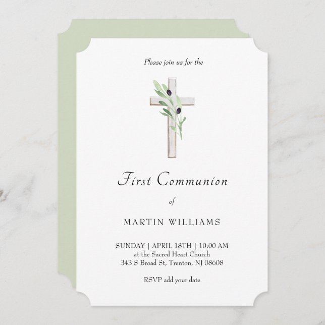 Olive branch Catholic Holy Cross First Communion Invitation (Front/Back)