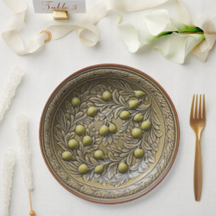 Olive Branch Faux Mediterranean Pottery  Paper Plate