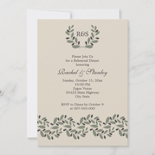 Olive branch garland wedding rehearsal dinner invitation (Front)