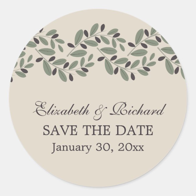 Olive branch garland wedding Save the Date Classic Round Sticker (Front)