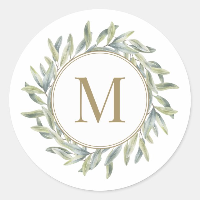 Olive Branch Laurel Wreath Personalised Monogram Classic Round Sticker (Front)