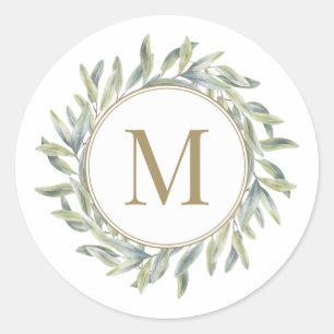 Olive Branch Laurel Wreath Personalised Monogram Classic Round Sticker