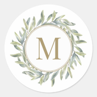 Olive Branch Laurel Wreath Personalised Monogram Classic Round Sticker