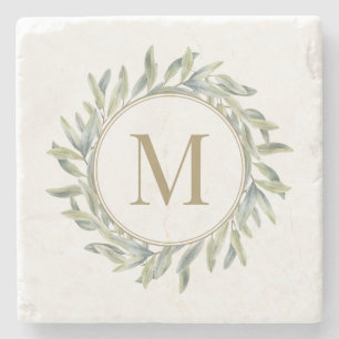 Olive Branch Laurel Wreath Personalised Monogram Stone Coaster