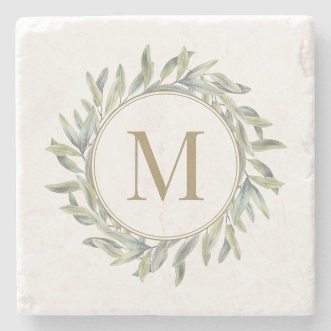 Olive Branch Laurel Wreath Personalised Monogram Stone Coaster (Front)