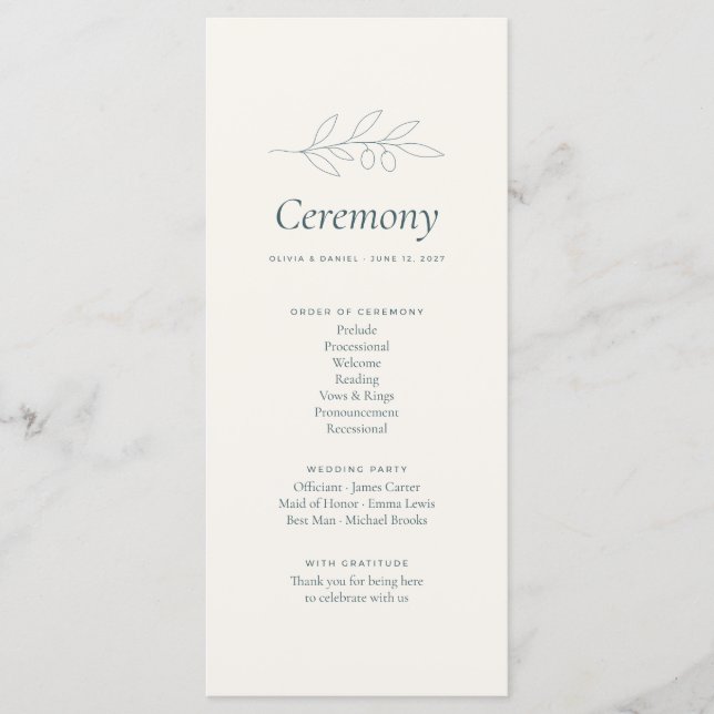 Olive Branch Minimalist Wedding Ceremony Program Programme (Front)