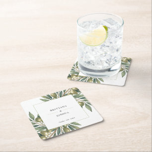 Olive Branch Modern Mediterranean Wedding Square Paper Coaster