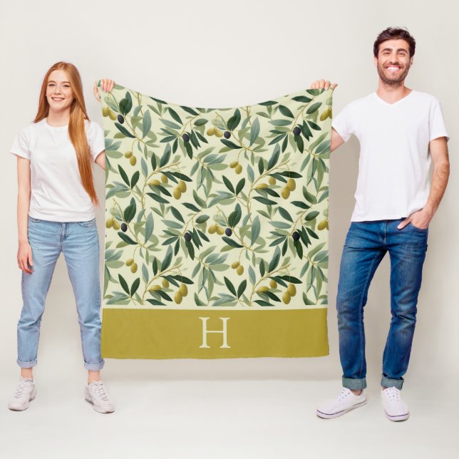 Olive Branch Monogram Initial Fleece Blanket (In Situ)