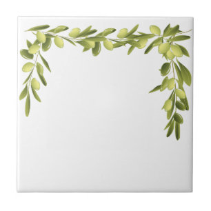 Olive Branch on White Leaves Olives Green tile