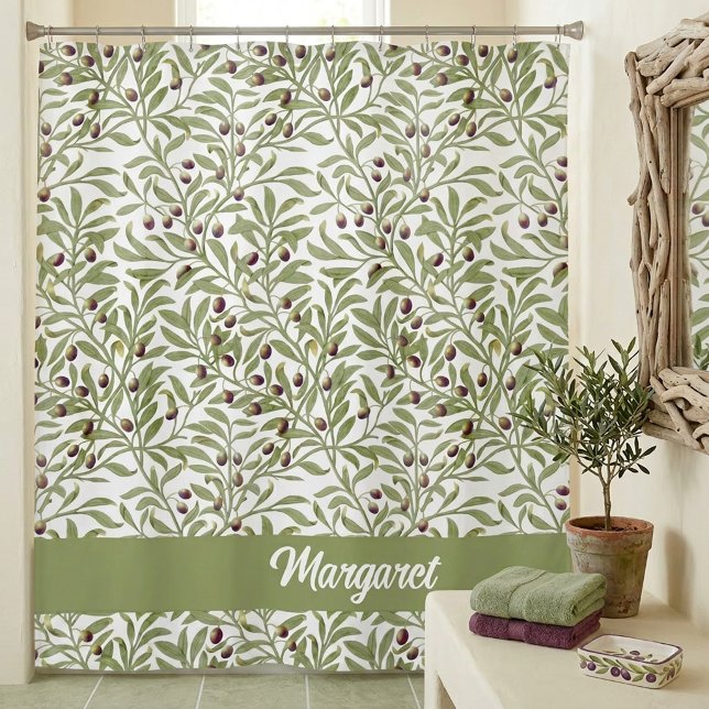 Olive Branch Sage Green Botanical Monogram Shower Curtain (Olive Branch Sage Green Botanical Monogram Shower Curtain)