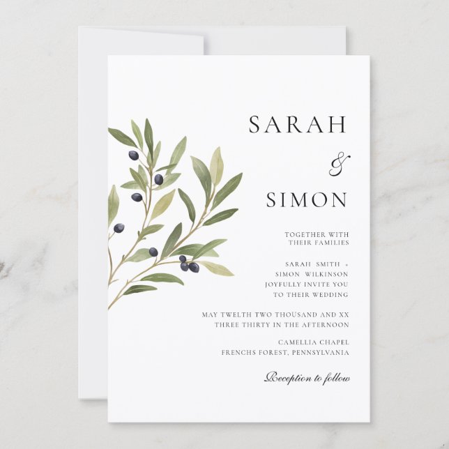 Olive Branch Watercolor Botanical Wedding  Invitation (Front)