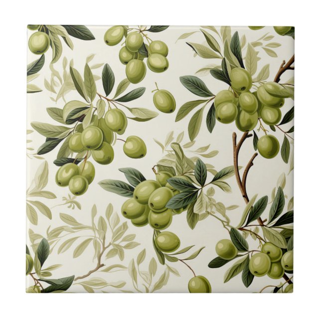 Olive Branch Watercolor Pattern Mediterranean Tile (Front)