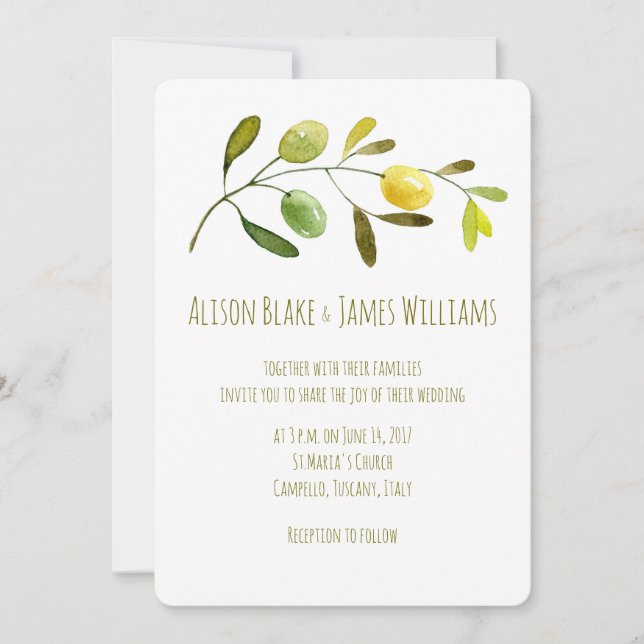 Olive Branch watercolor wedding invitation card (Front)