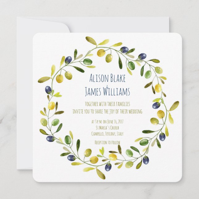 Olive Branch watercolor wedding invitation card (Front)