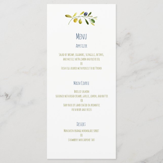 Olive branch watercolor wedding menu (Front)