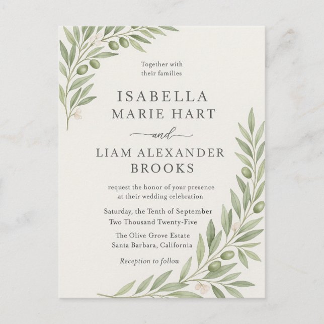 Olive Branch Wedding Invitation – Minimalist Green Postcard (Front)
