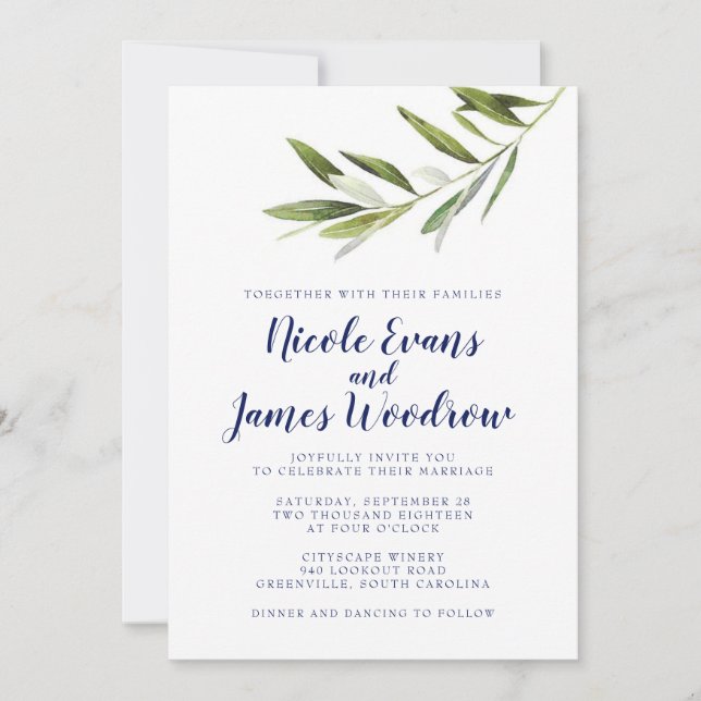 Olive Branch Wedding Invitation with Navy (Front)