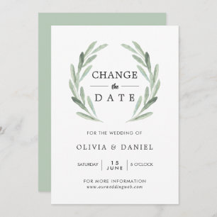 Olive Branch Wreath Change the Date Wedding Invitation