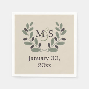 Olive branch wreath with initials wedding napkin