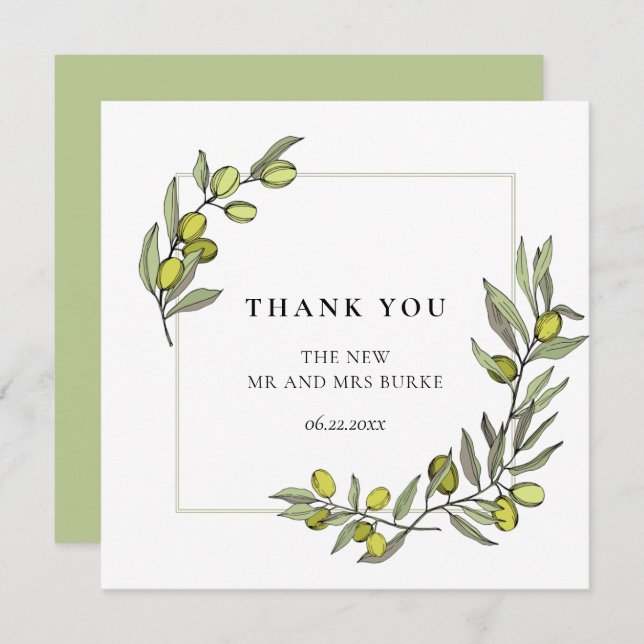 Olive branches frame wedding thank you card (Front/Back)