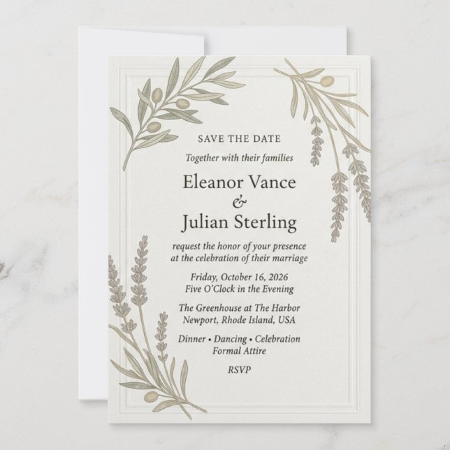Olive Branches, Lavender Sprigs, Panelled Border F Invitation (Front)