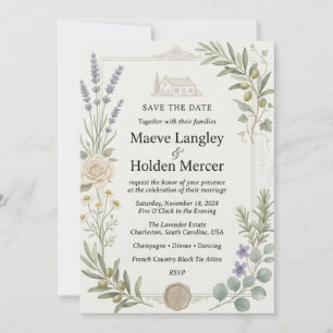 Olive Branches, Lavender, White Rose, Chamomile, F Invitation