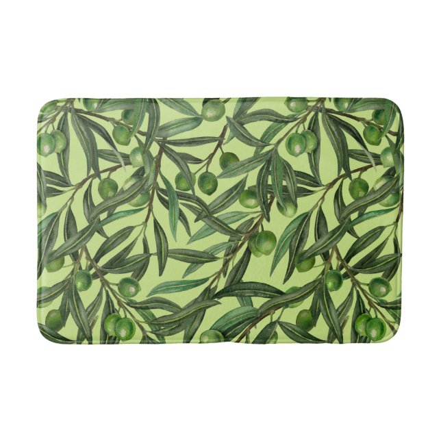 Olive branches on honeydew green bath mat (Front)