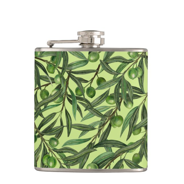 Olive branches on honeydew green hip flask (Front)