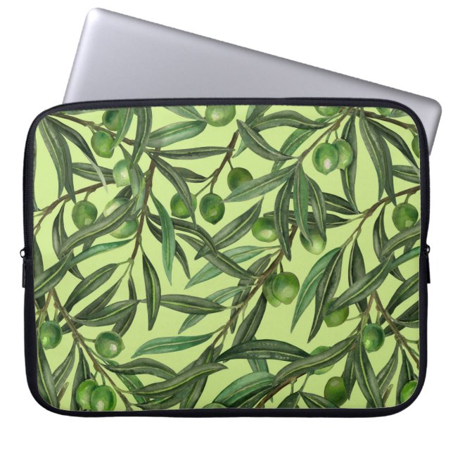 Olive branches on honeydew green laptop sleeve (Front)