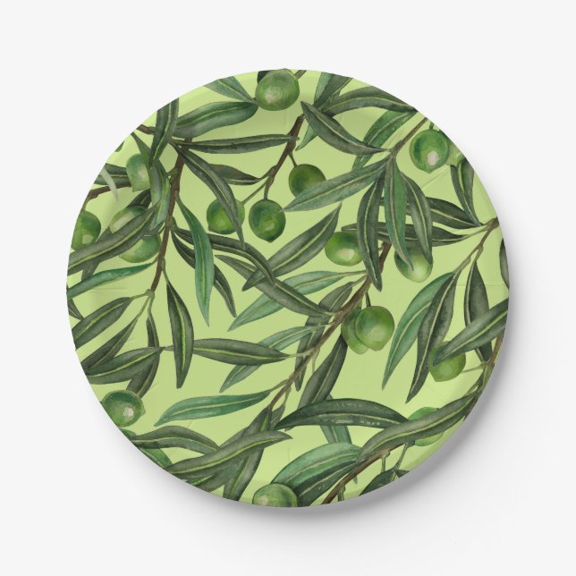 Olive branches on honeydew green paper plate (Front)