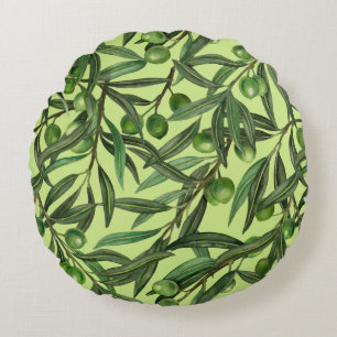 Olive branches on honeydew green round cushion