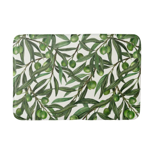 Olive branches on off white bath mat (Front)