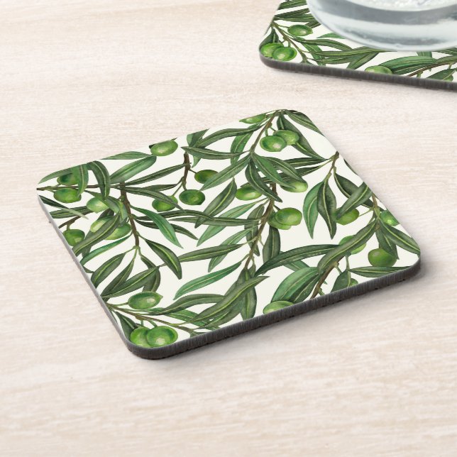 Olive branches on off white coaster (Left Side)